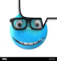 a blue cartoon smiley face with glasses and a speech bubble .