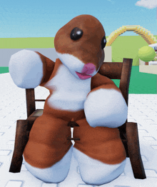 a brown and white stuffed animal sits on a wooden chair