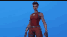 a woman in a red tank top and shorts is standing in front of a blue background in a video game .