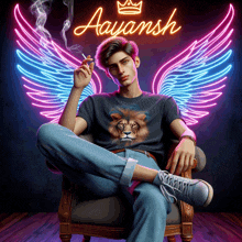 a young man is smoking a cigarette under a neon sign that says ayansh