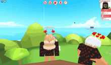 a screenshot of a video game shows a girl with hearts on her head and a boy with hearts on his head