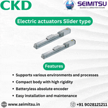 an advertisement for electric actuators slider type from seimitsu