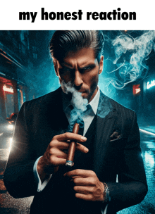 a man in a suit is smoking a cigar with the words my honest reaction above him