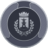 a circular emblem with a castle and laurel wreath