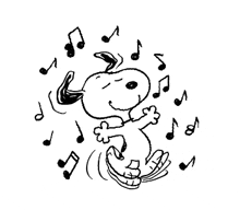 snoopy is dancing with music notes flying around him .