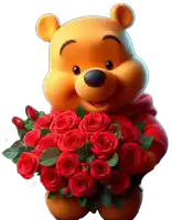 winnie the pooh holding a bouquet of red roses