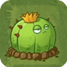 a green cactus with a crown on top of it is sitting in the dirt .