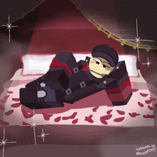 a drawing of a man laying on a bed with petals on the bed