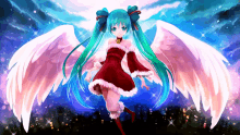 a girl with long green hair and white wings is wearing a santa dress