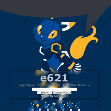 a blue and yellow cartoon character with the numbers e621 on the bottom