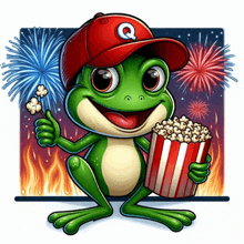 a frog wearing a red hat with the letter q on it holds a bucket of popcorn