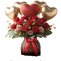 a vase filled with red roses and gold heart shaped balloons has the initials a.c. on it