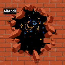 a brick wall with a hole in it and the name aliabdi on the bottom