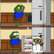 a cartoon of a frog standing in front of a refrigerator