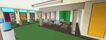 a computer generated image of a room with tables and chairs in it