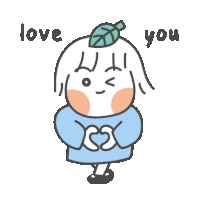 a girl with a leaf on her head is holding a heart and saying love you