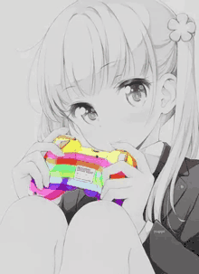 a black and white drawing of a girl holding a rainbow colored game controller .