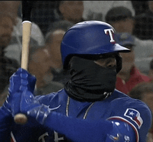 a baseball player is wearing a mask and holding a bat