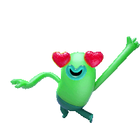 a green toy with red heart shaped eyes