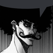 a black and white drawing of a man with an afro and a mustache