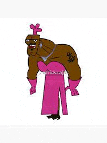 a cartoon character is wearing a pink dress and gloves and has a tattoo on his arm .