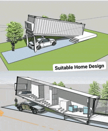 a drawing of a suitable home design with a car parked in the driveway