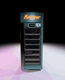 an empty breezer fridge with a green light on the door