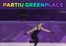 a purple background with the words partiu greenplace above a female figure skater