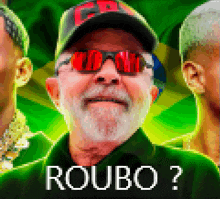 a pixelated image of a man wearing sunglasses and a hat with the word roubo on the bottom