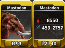 two mastodon cards with 1193 and lv40 written on them