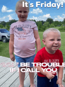 a little girl wearing an old navy shirt stands next to a little boy wearing a red old navy shirt