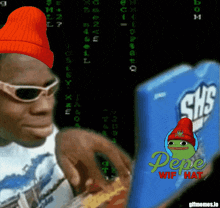 a cartoon of a man wearing a red beanie and sunglasses next to a box of shs chips