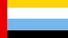 a flag with yellow , white , blue and black stripes