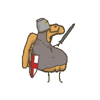 a cartoon drawing of a cookie wearing a helmet and holding a sword and shield