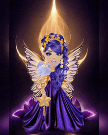 a fairy with blue hair and gold wings is sitting on a purple flower