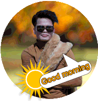 a man wearing sunglasses and a fur coat has a speech bubble saying good morning