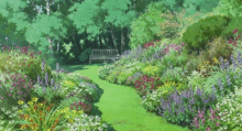 a wooden bench sits in the middle of a lush green garden