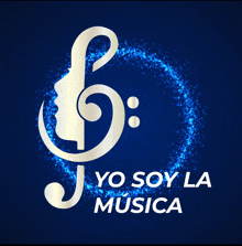 a logo for yo soy la musica with a treble clef on a blue background