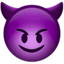 a purple devil emoji with horns and a smile on it .