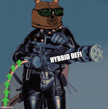 a cartoon of a bear holding a gun with the words hybrid defi written on it