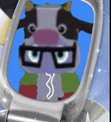 a cow wearing glasses and a scarf is reflected in a cell phone