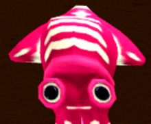 a pink squid with big eyes and a striped body