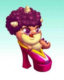 a cartoon character with purple hair and horns is wearing a pink high heeled shoe