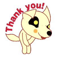 a cartoon of a dog with the words thank you written around it