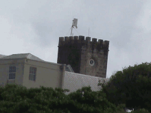 a tower with a clock on top of it is surrounded by trees