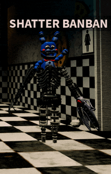 a poster for shatter banban shows a skeleton bonnie on a checkered floor