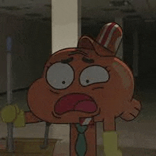 a cartoon character from the amazing world of gumball is wearing a hat and tie and holding a mop .