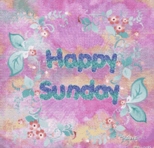 a pink background with flowers and the words happy sunday written in blue