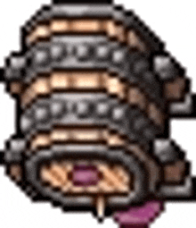 a pixel art illustration of a beehive with a purple tongue sticking out .