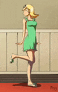 a cartoon of a woman in a green dress is standing on one leg .